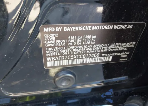 2012 BMW 535I from USA, damaged, VIN WBAFR7C5XCC812468